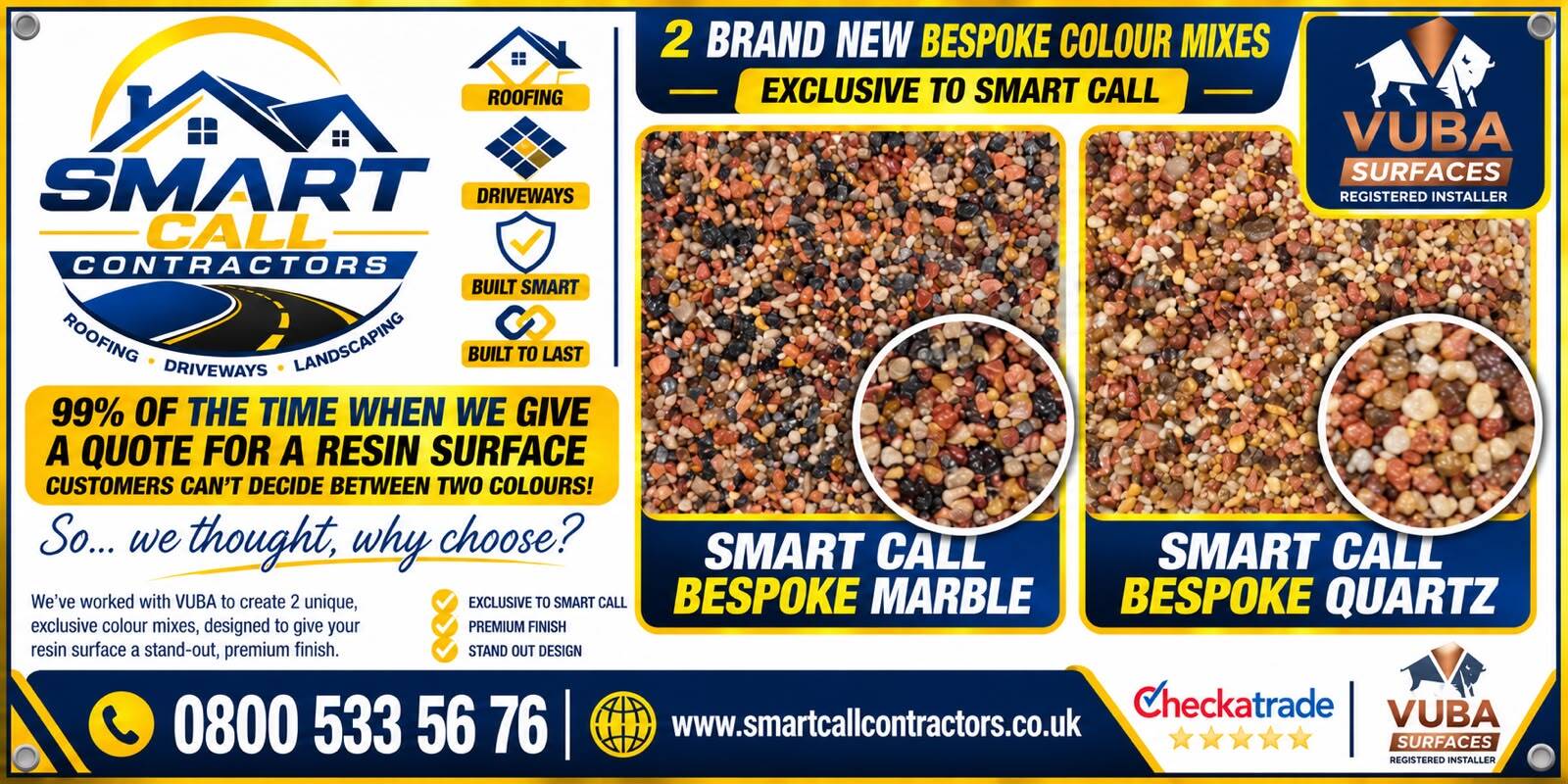 Smart Call Contractors resin brochure: two exclusive VUBA bespoke colour mixes, Bespoke Marble and Bespoke Quartz